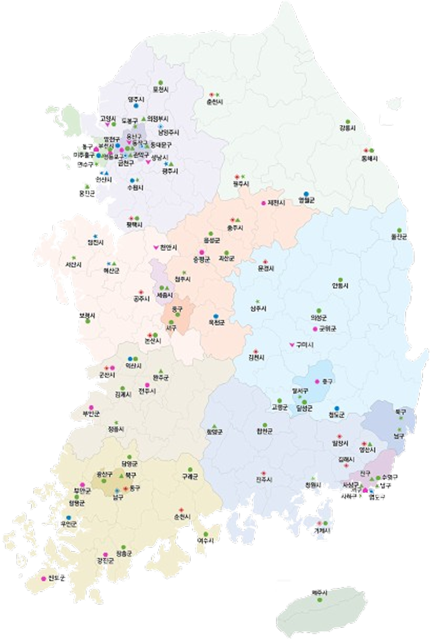 2019년 도시재생사업 선정현황(116곳)에 대한 정보가 그려져있는 지도입니다.