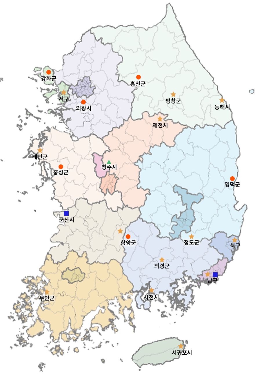 2023년 도시재생사업 선정현황(22곳)에 대한 정보가 그려져있는 지도입니다.