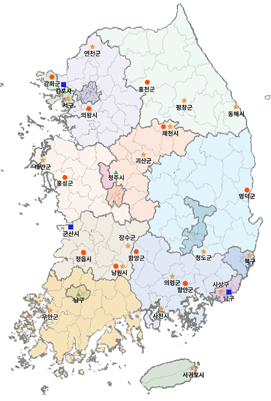 2023년 도시재생사업 선정현황(31곳)에 대한 정보가 그려져있는 지도입니다.